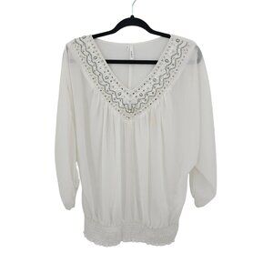 Retro White Blouse Sz M Silver Beaded Sheer Batwing Peasant Glam Pullover